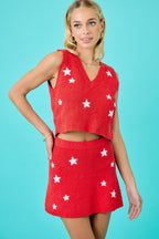 Contrast Star Embroidered V Neck Vest With Skirt