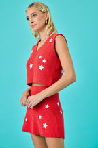 Contrast Star Embroidered V Neck Vest With Skirt
