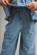 Denim Peplum Top And Straight Pants Set