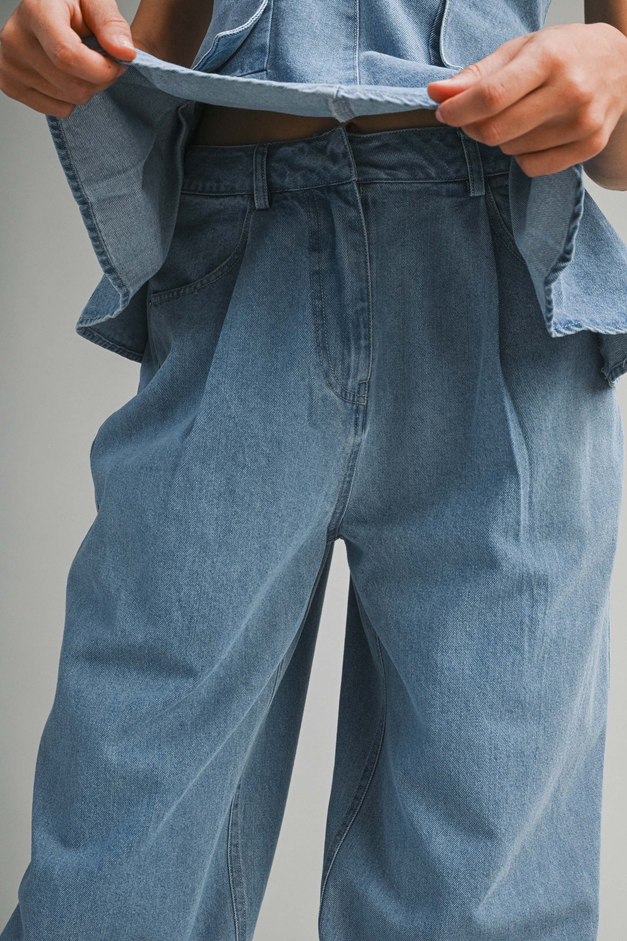 Denim Peplum Top And Straight Pants Set