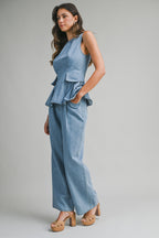 Denim Peplum Top And Straight Pants Set