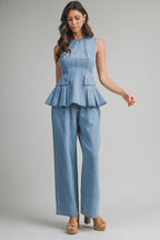 Denim Peplum Top And Straight Pants Set