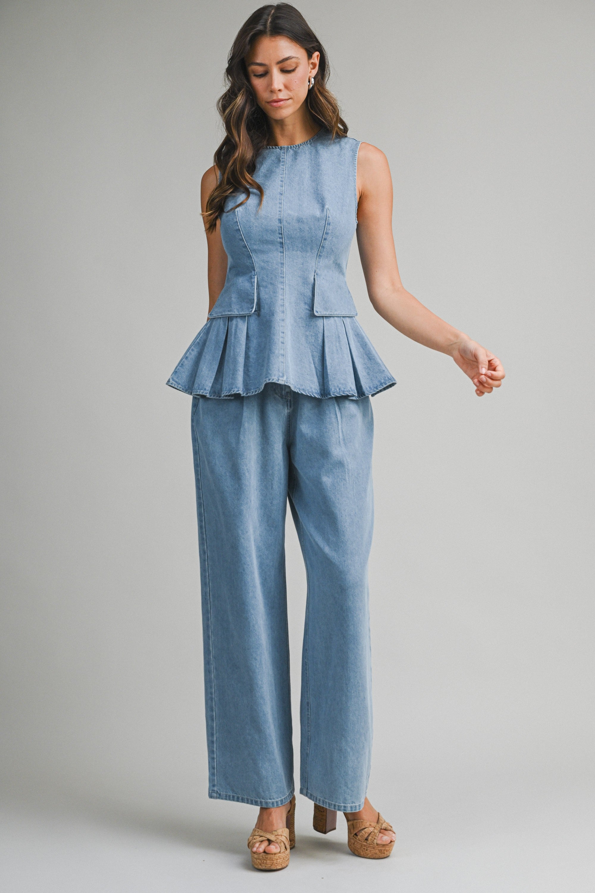 Denim Peplum Top And Straight Pants Set