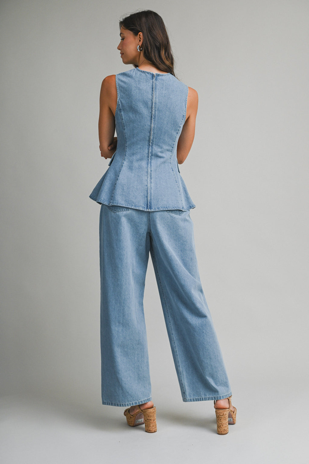Denim Peplum Top And Straight Pants Set