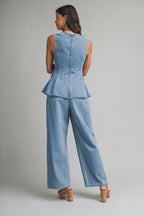 Denim Peplum Top And Straight Pants Set