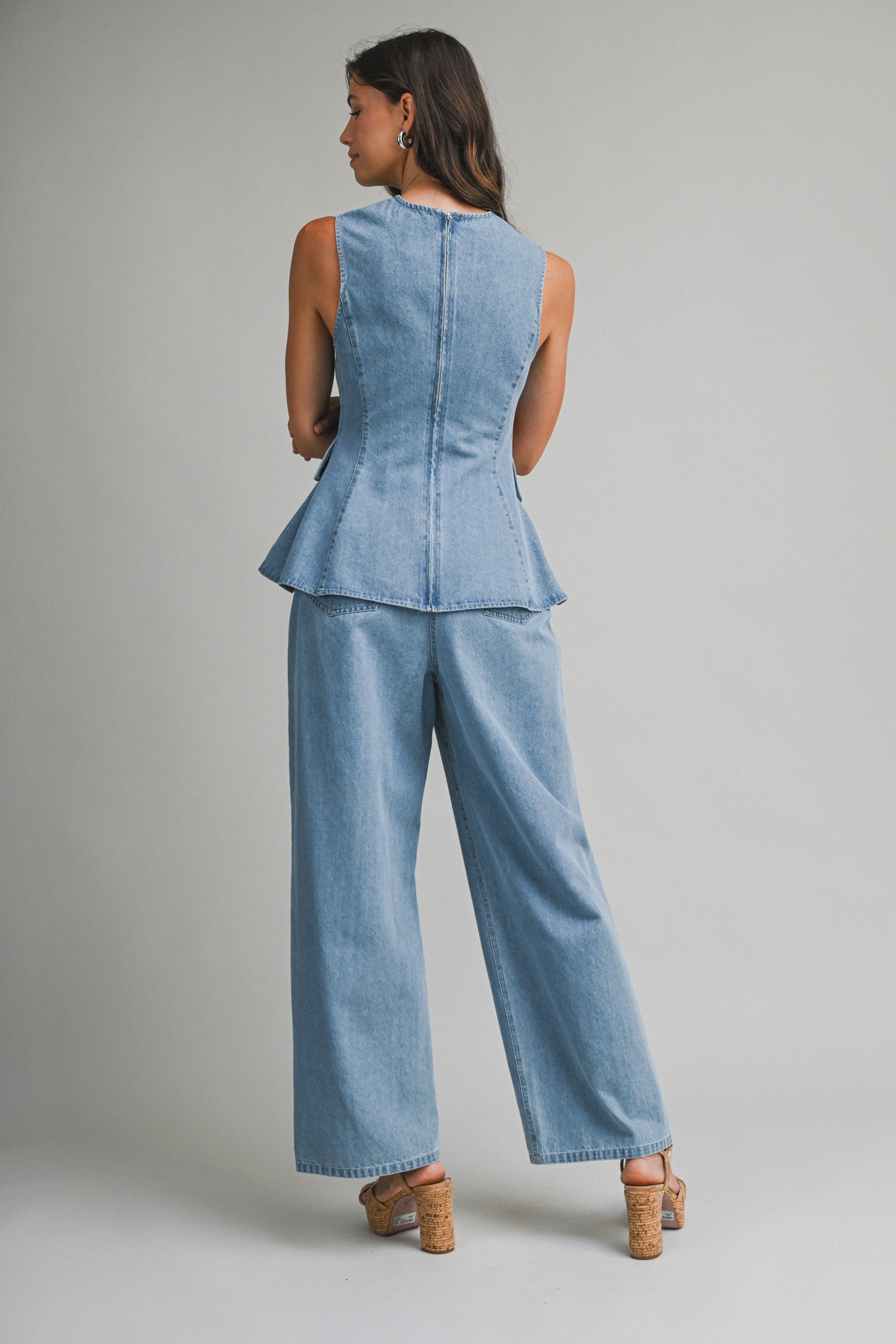 Denim Peplum Top And Straight Pants Set
