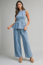 Denim Peplum Top And Straight Pants Set