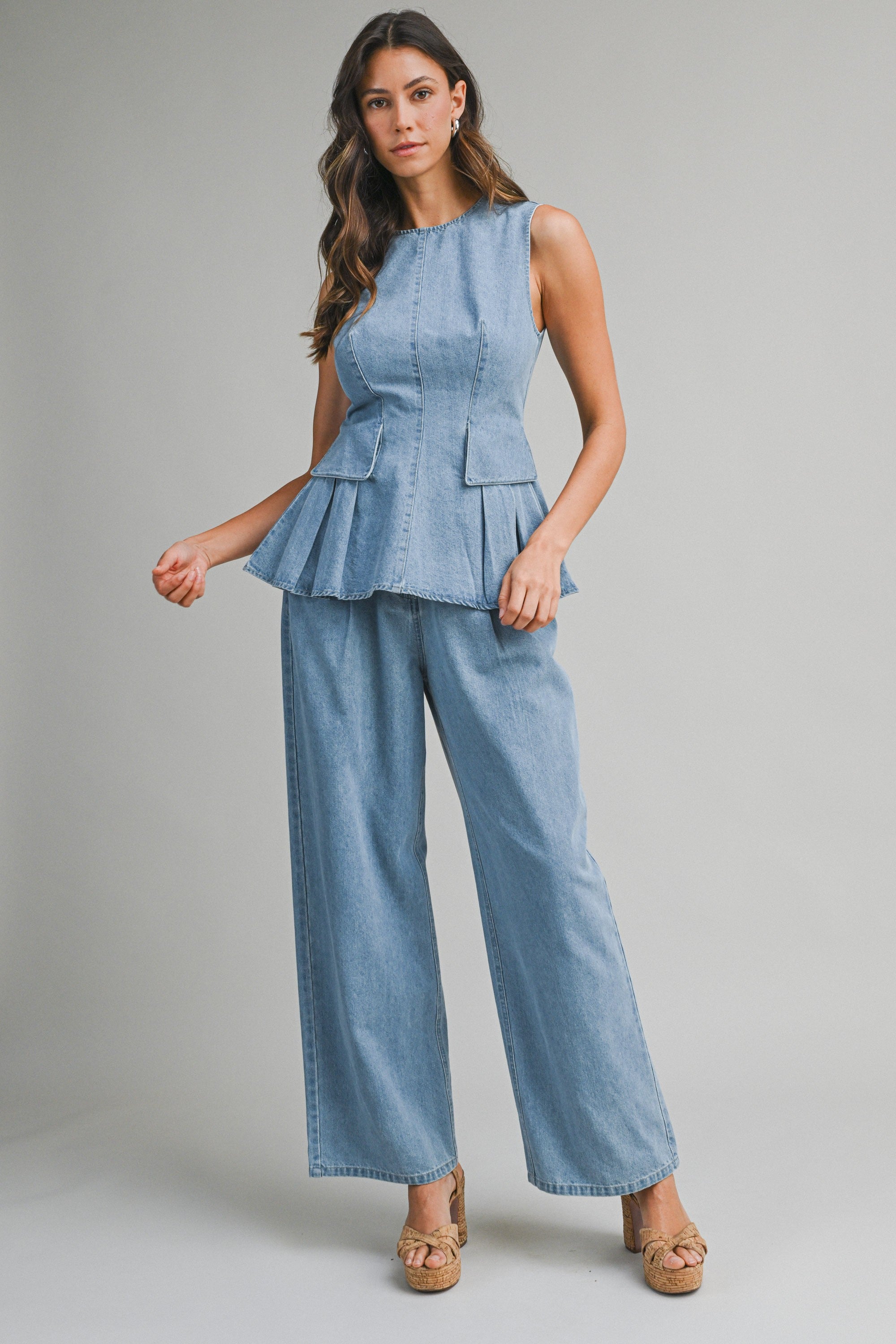 Denim Peplum Top And Straight Pants Set