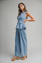 Denim Peplum Top And Straight Pants Set