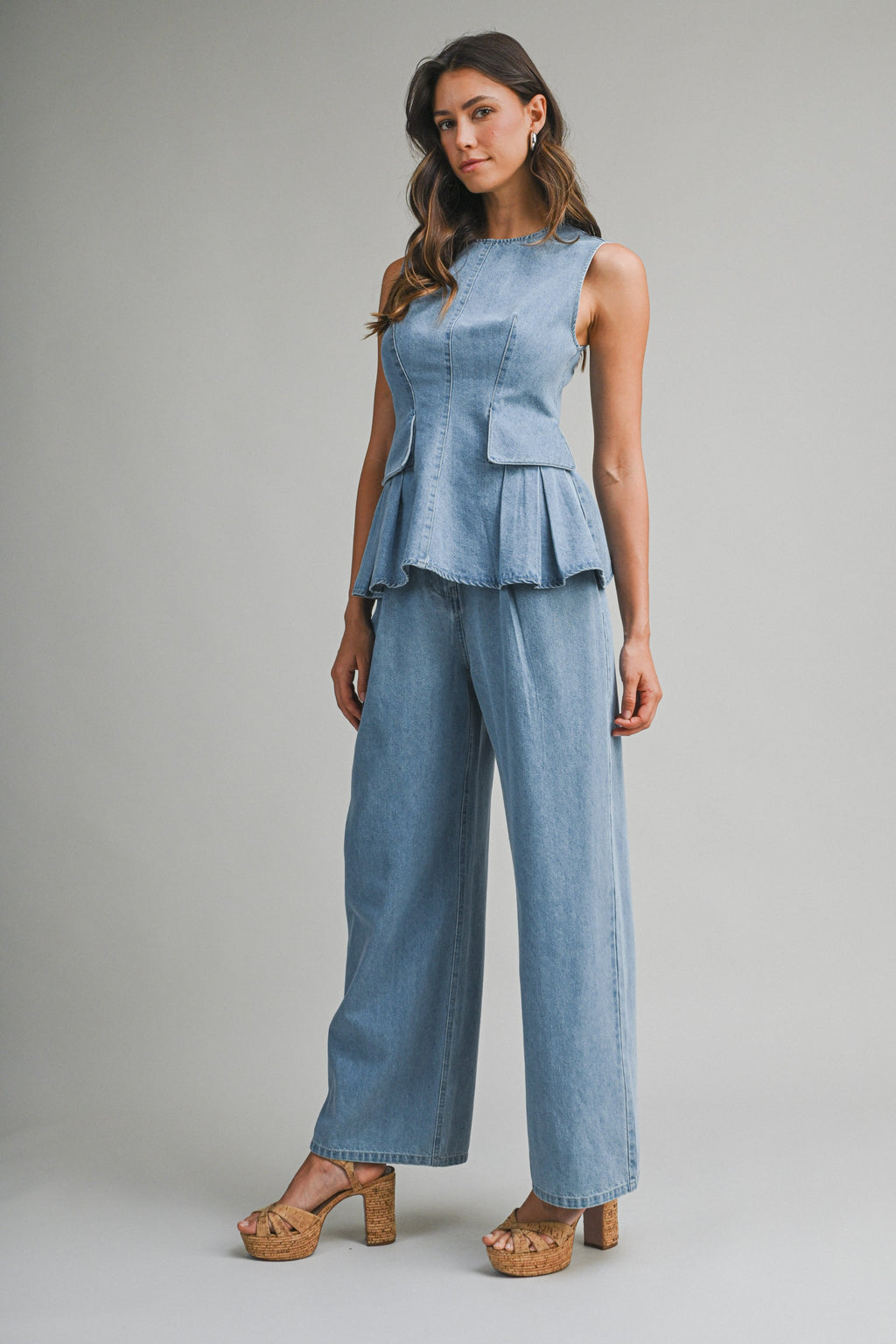 Denim Peplum Top And Straight Pants Set