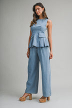 Denim Peplum Top And Straight Pants Set