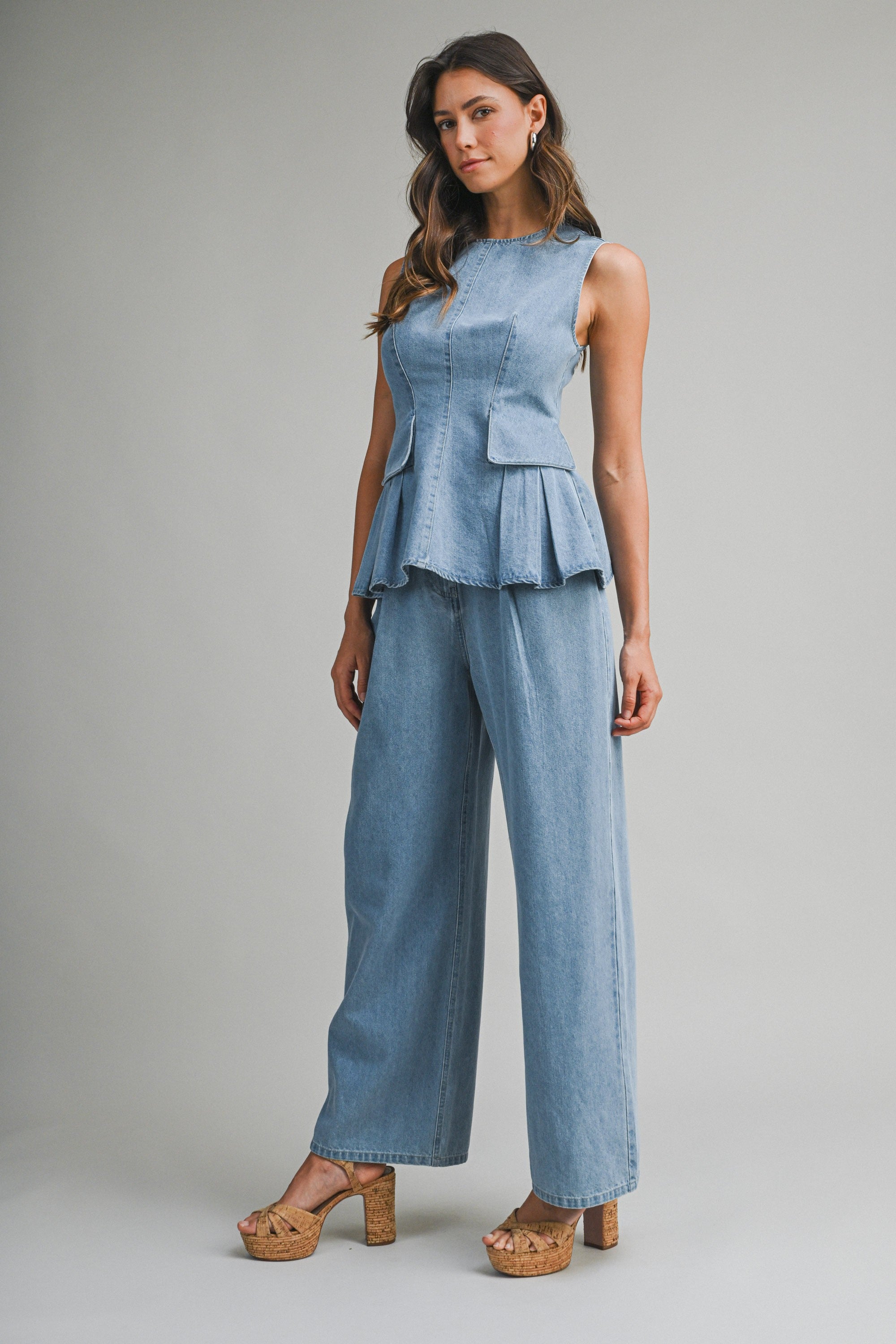 Denim Peplum Top And Straight Pants Set