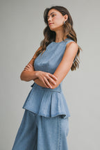 Denim Peplum Top And Straight Pants Set