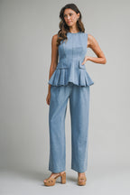 Denim Peplum Top And Straight Pants Set