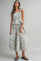 Floral Jacquard Peplum Top And Skirt Set