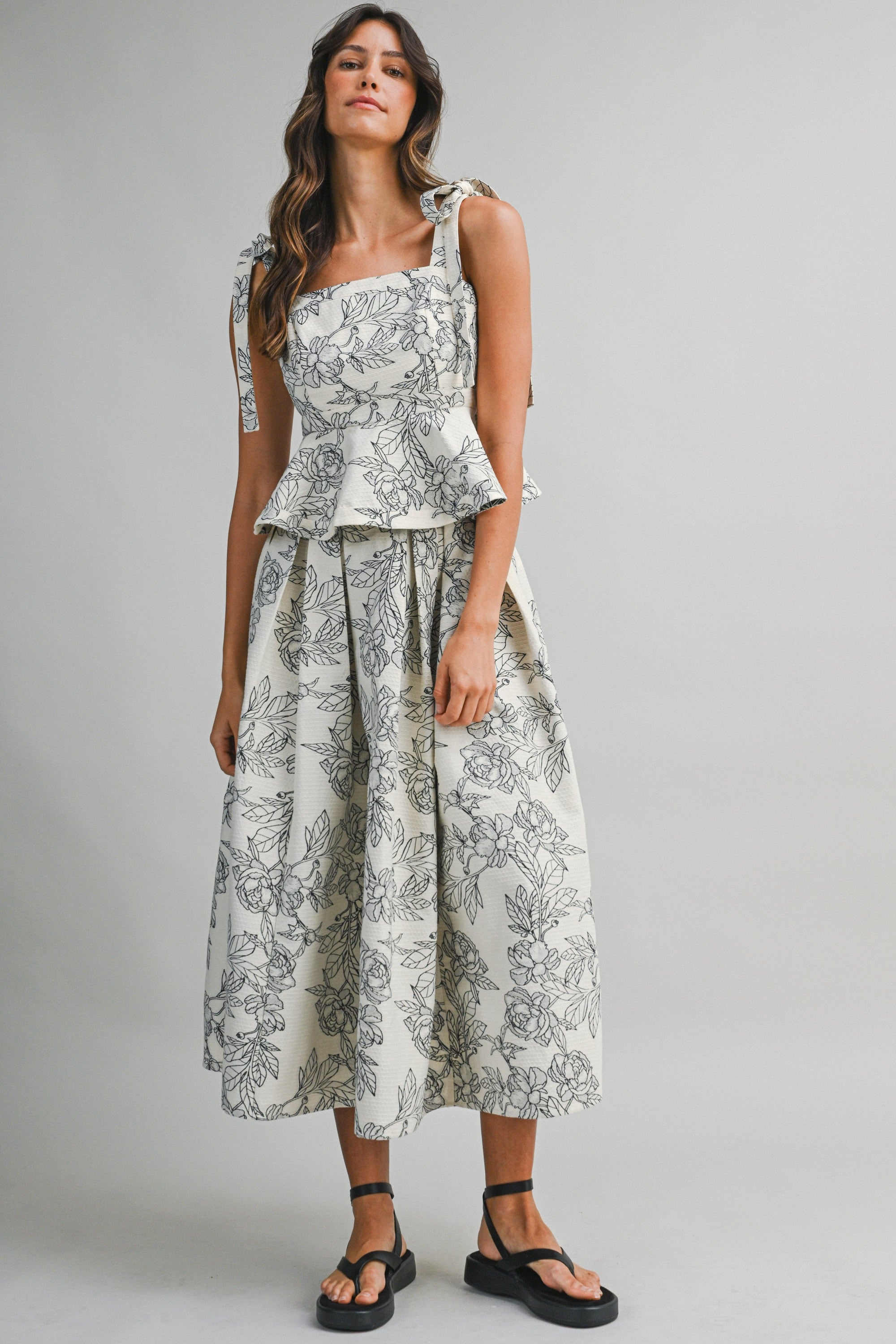 Floral Jacquard Peplum Top And Skirt Set