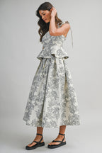 Floral Jacquard Peplum Top And Skirt Set