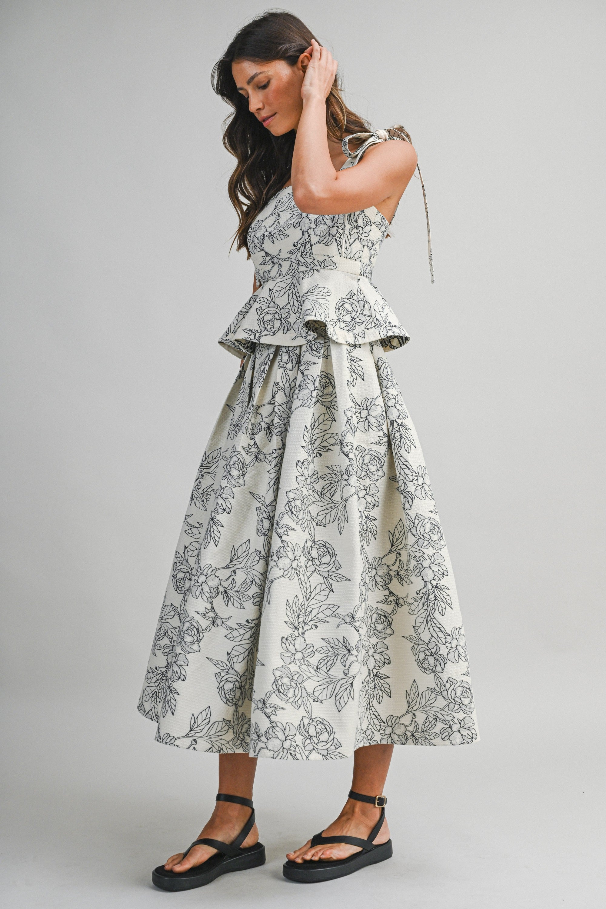 Floral Jacquard Peplum Top And Skirt Set