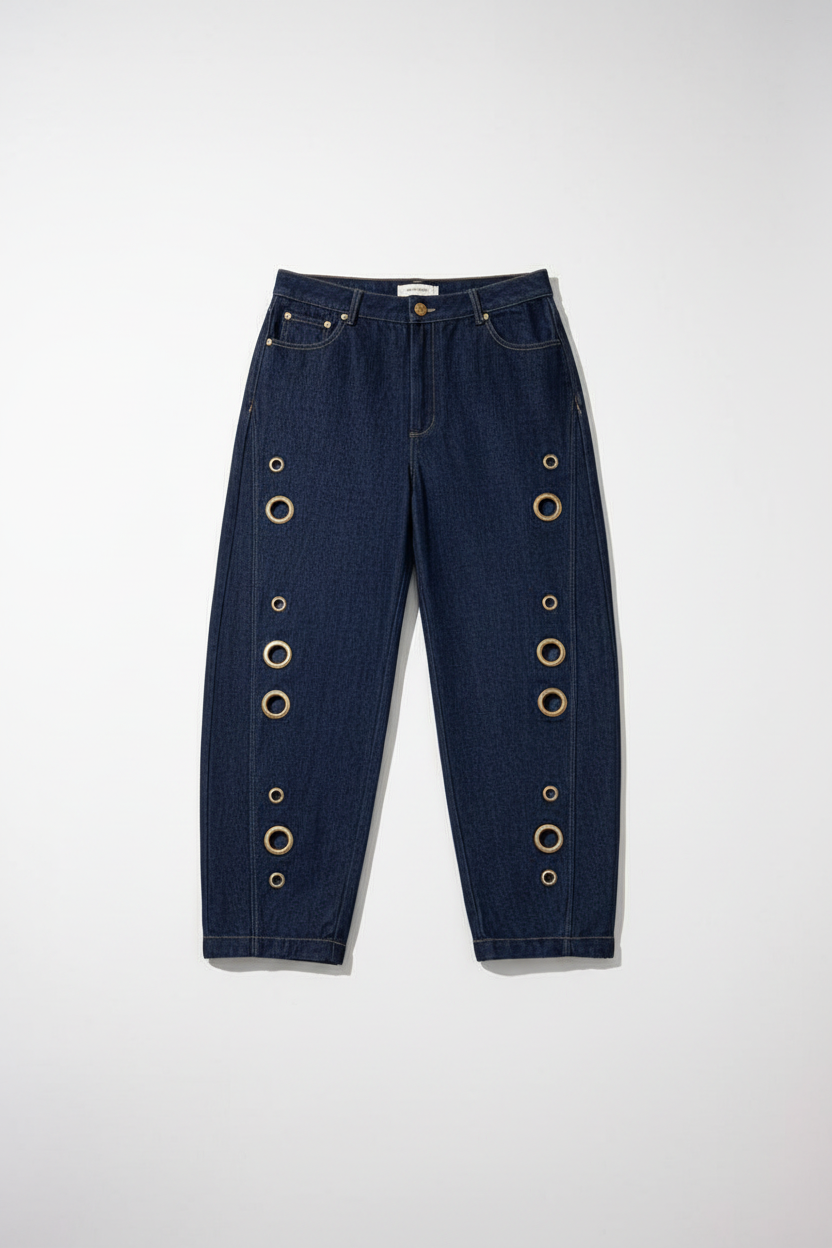 Lala Barrel Jean dark indigo denim flat lay with gold eyelet hardware