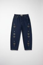 Lala Barrel Jean dark indigo denim flat lay with gold eyelet hardware