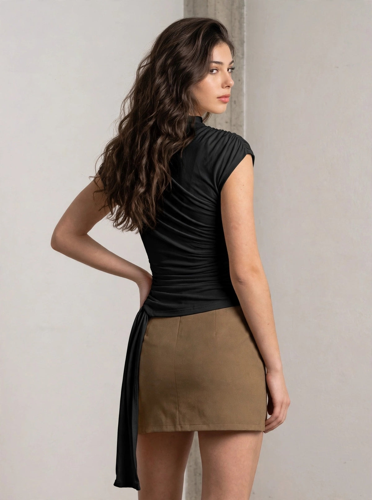 Mira Drape Top in Black, back view